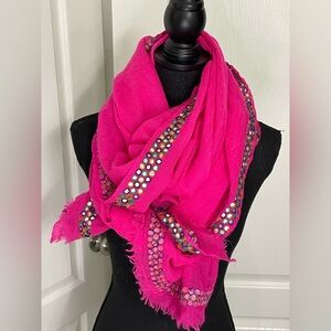 Anthropologie Bindya NewYork scarf wrap embellished pure wool cerise pink